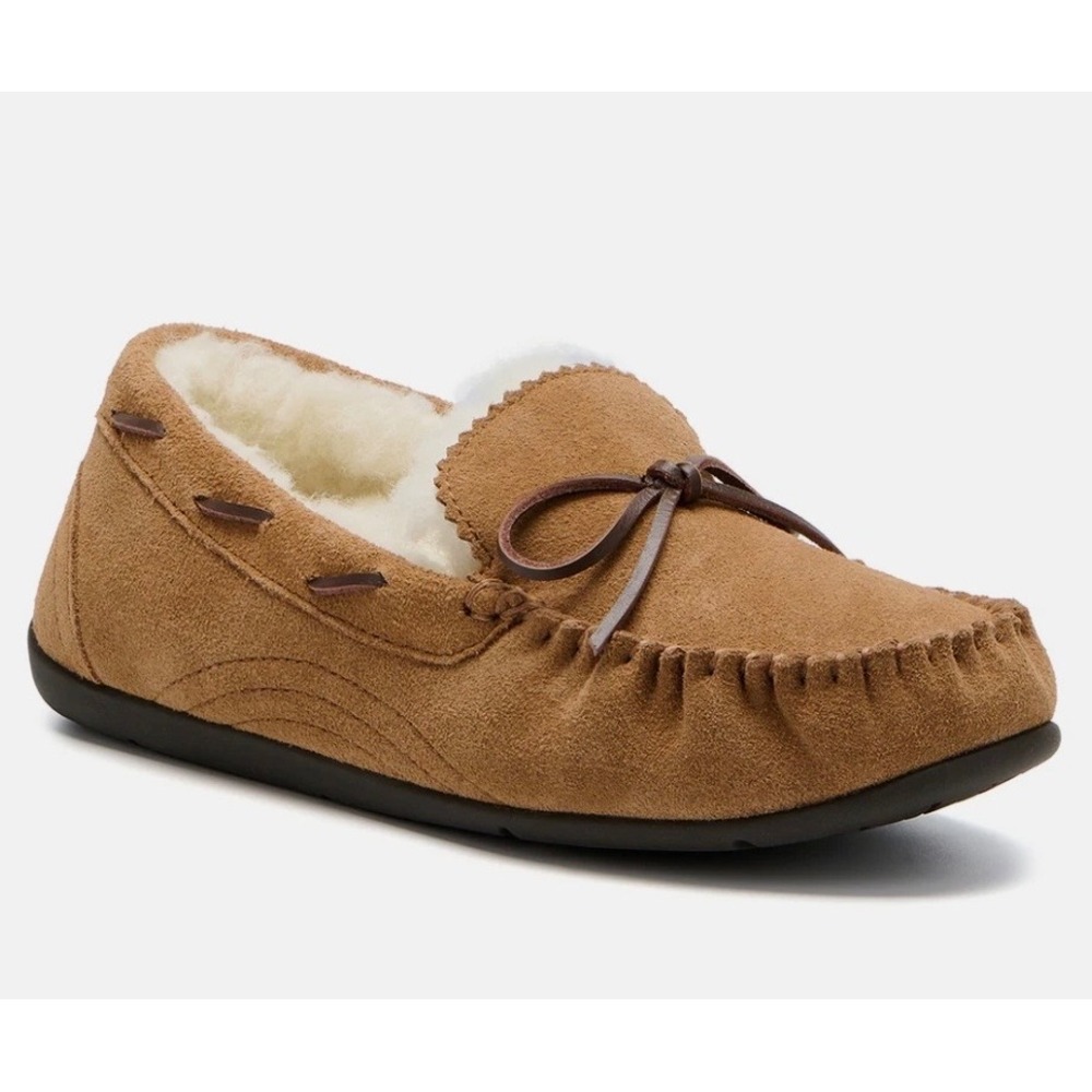 NEW ABEO BowTan Suede Wool Lined Moccasin Slippers Womens Size8